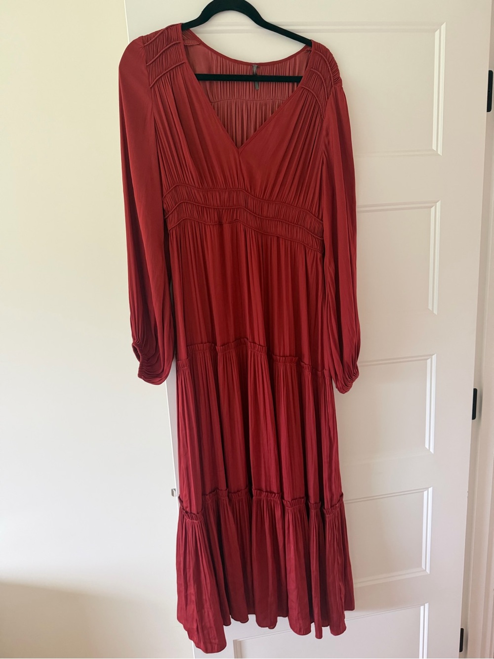 Anthropologie Rust Red V-Neck Long Sleeve Tiered Maxi Dress